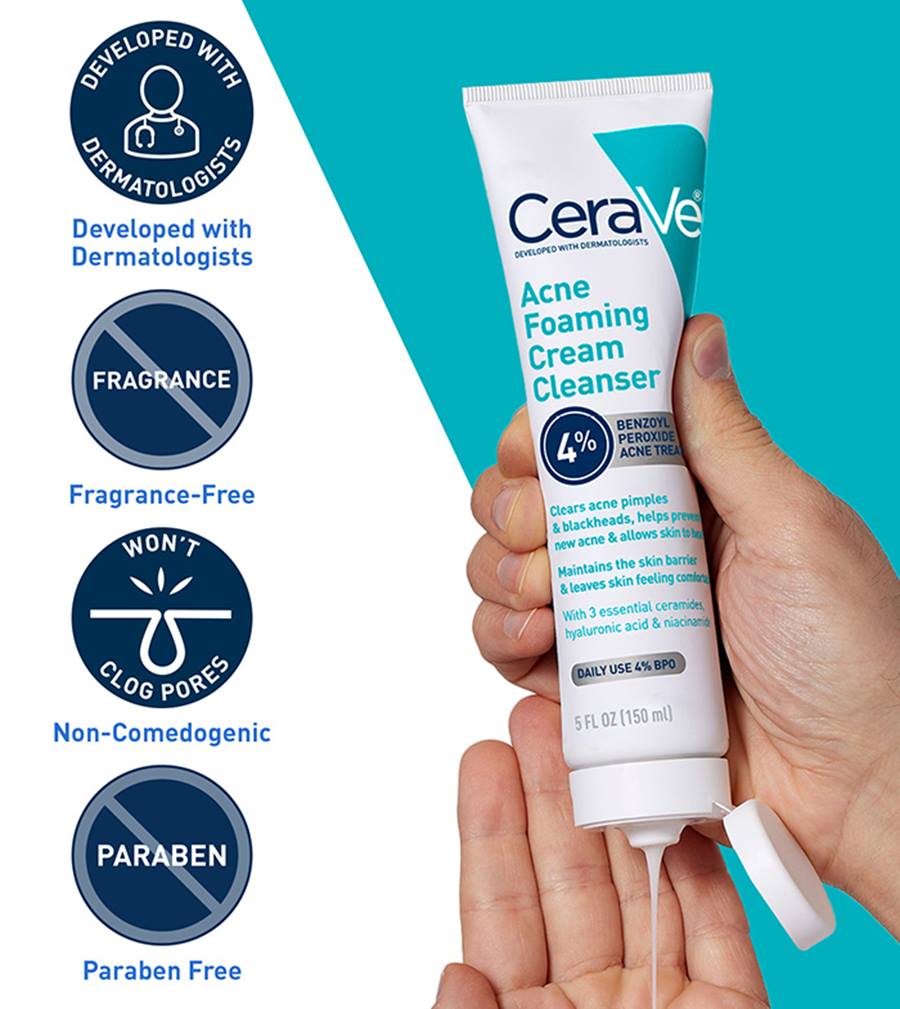 CeraVe Acne Foaming Cream Cleanser – 4% Benzoyl Peroxide