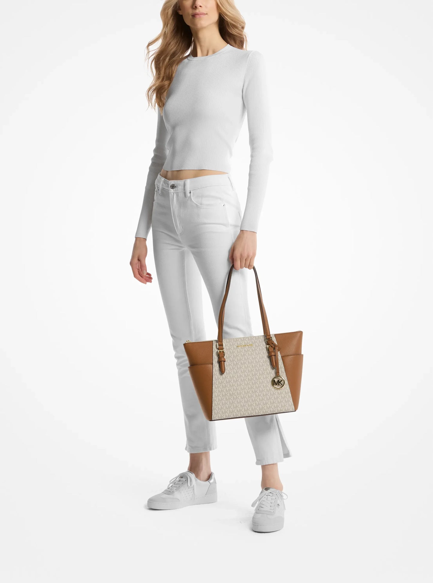 Michael Kors Charlotte Large Top Zip Tote Vanilla Signature Shoulder Bag