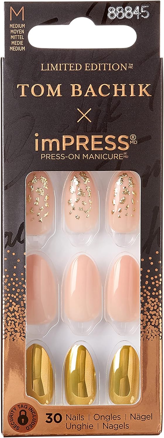 KISS | TOM BACHIK x imPRESS | Medium Almond Press-On Nails, Neutral, 30 Pieces