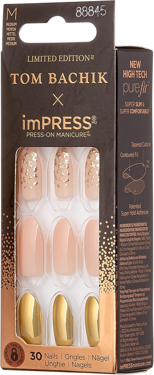 KISS | TOM BACHIK x imPRESS | Medium Almond Press-On Nails, Neutral, 30 Pieces