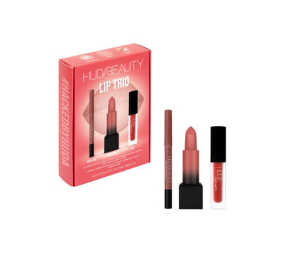 Huda Beauty Lip Trio Set – Lip Contour Pink Brown + Matte Lipstick Interview + Liquid Lipstick Bombshell