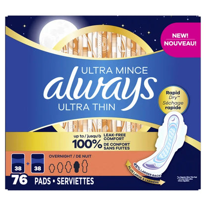 Always Ultra Thin Overnight Pads with Wings, Unscented, 76 Count