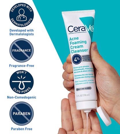 CeraVe Acne Foaming Cream Cleanser – 4% Benzoyl Peroxide