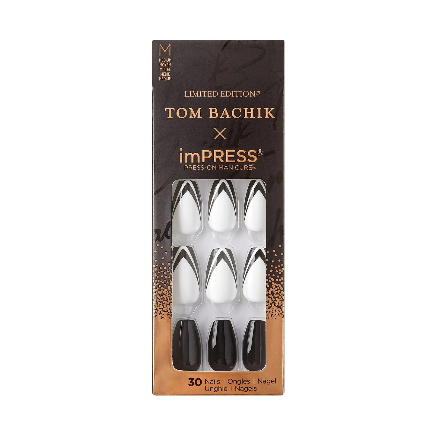 KISS | TOM BACHIK x imPRESS | Medium Coffin Press-On Nails, Black & White, 30 Pieces