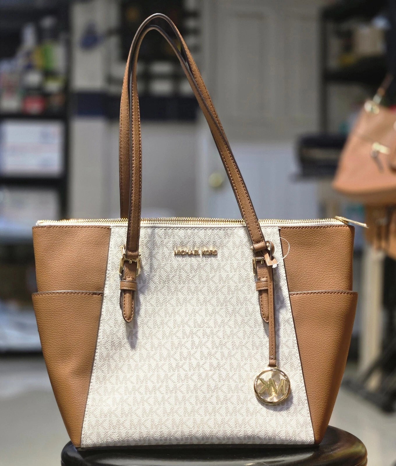 Michael Kors Charlotte Large Top Zip Tote Vanilla Signature Shoulder Bag