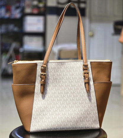Michael Kors Charlotte Large Top Zip Tote Vanilla Signature Shoulder Bag