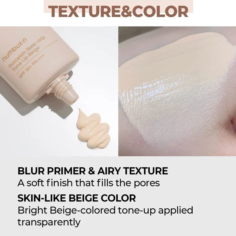 Numbuzin - No. 3 Porcelain Base-Skip Tone Up Beige-SPF50+ PA++++ 1.69 fl. oz.