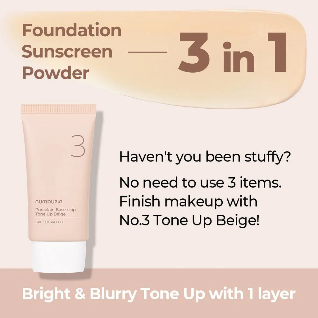 Numbuzin - No. 3 Porcelain Base-Skip Tone Up Beige-SPF50+ PA++++ 1.69 fl. oz.