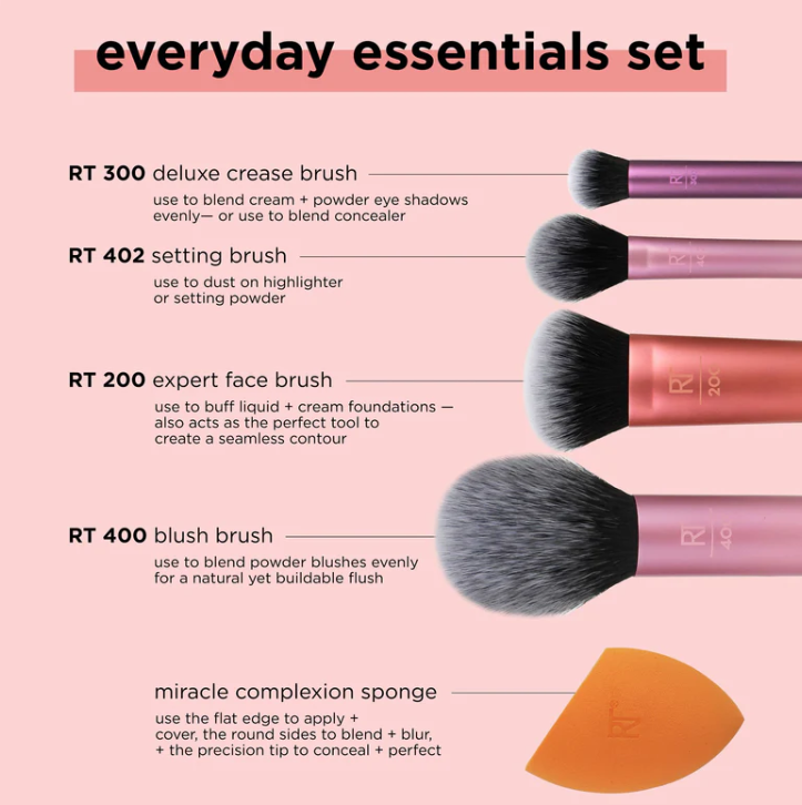 Real Techniques | Everyday Essentials Makeup Brush Set with Bonus Miracle Complexion Sponge