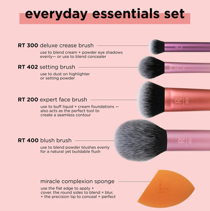 Real Techniques | Everyday Essentials Makeup Brush Set with Bonus Miracle Complexion Sponge