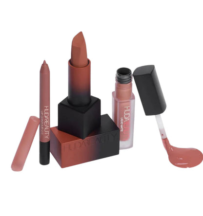 Huda Beauty Lip Trio Set – Lip Contour Pink Brown + Matte Lipstick Interview + Liquid Lipstick Bombshell
