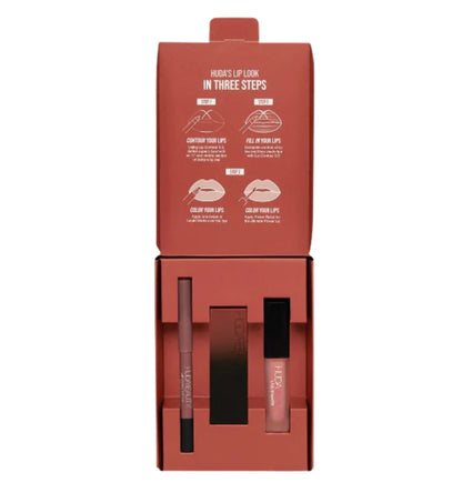Huda Beauty Lip Trio Set – Lip Contour Pink Brown + Matte Lipstick Interview + Liquid Lipstick Bombshell