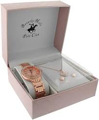 Beverly Hills |  Polo Club Ladies Watch with Necklace & Earring Set Rose Gold