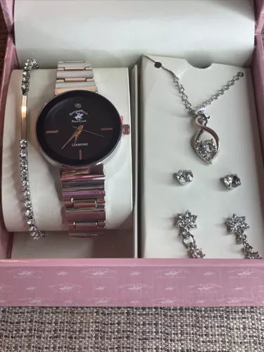 Beverly Hills | Polo Club Diamond Dial Watch,  Bracelet,  Necklace & Earring Set