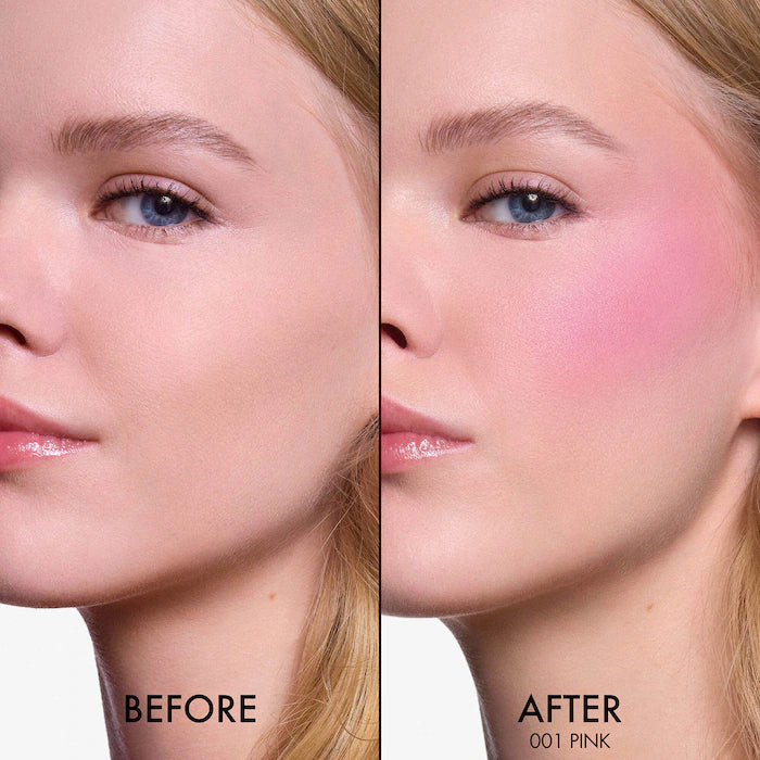 Before and after comparison of a woman's face with blush application on a neutral background.