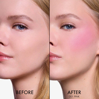 Before and after comparison of a woman's face with blush application on a neutral background.